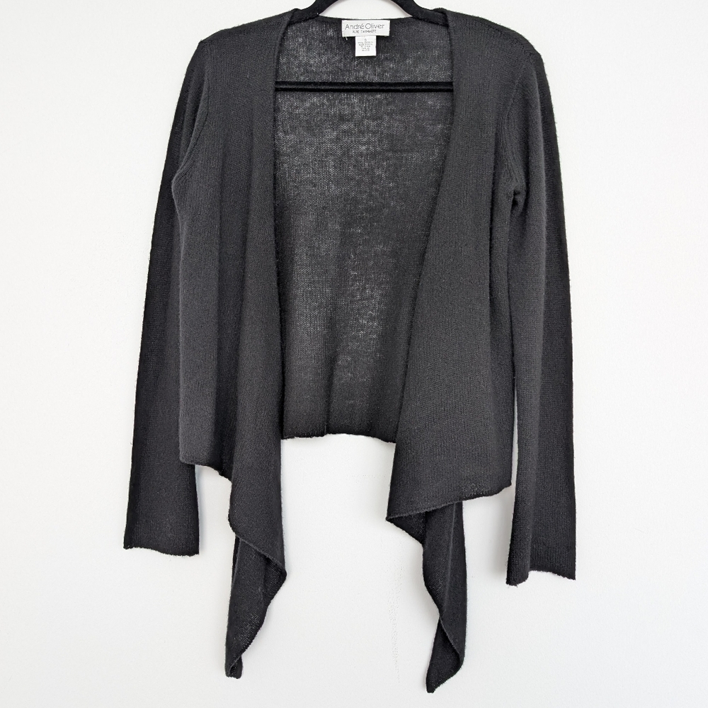 Vintage Andre Oliver Pure Cashmere Cropped Black Open-Front Sweater Knit Sz S